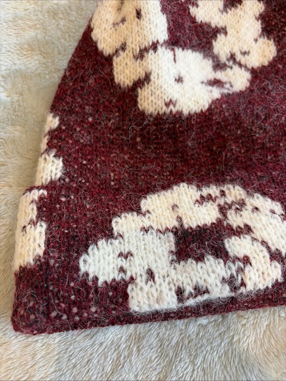 Denim Tears Cotton Wreath Maroon White Beanie Hat Winter Floral Peru Alpaca